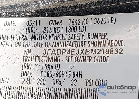 2011 Ford Fiesta Se z USA, uszkodzony, nr VIN 3FADP4EJXBM218832